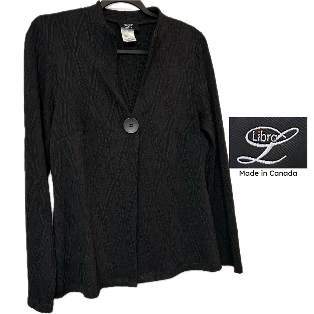 Libra Made in Canada Diamond Textured Black Knit Cardigan Jacket Size L